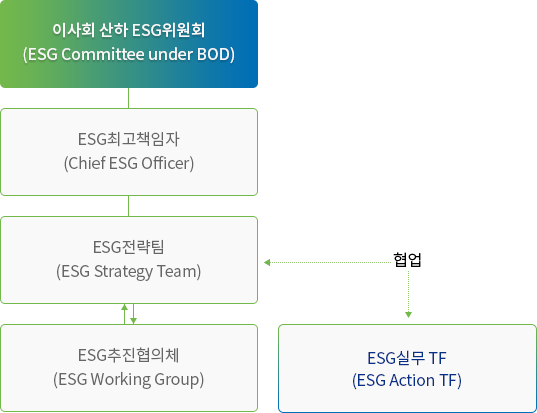 이사회 산하 ESG 위원회 (ESG Committee under BOD) - ESG최고책임자 (Chief ESG Officer) - ESG전략팀 (ESG Strategy Team) ↔ ESG추진협의체 (ESG Working Group) / 협업: ESG실무 TF (ESG Action TF) - ESG전략팀 (ESG Strategy Team)